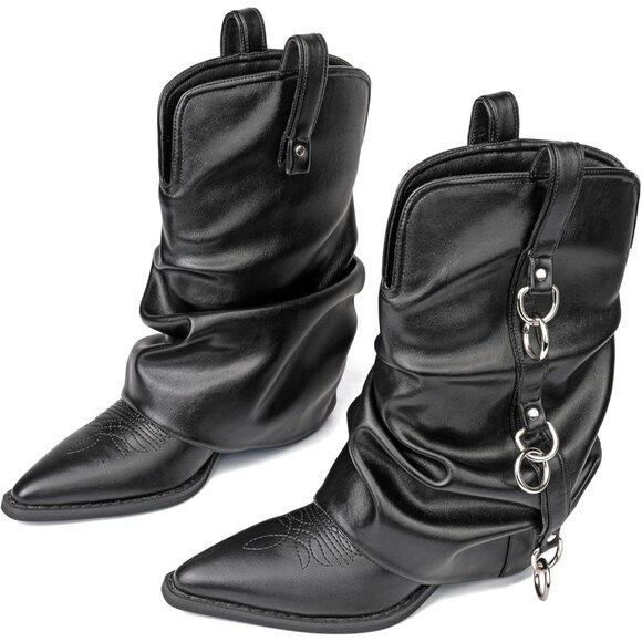 Women Retro Black Rubber Chunky Heels Mid Calf Western Boots Vintage Retro - Picture 7 of 8